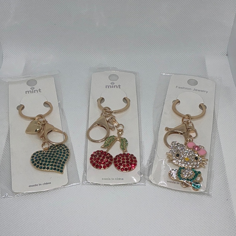 Keychain Trio Mint Green Heart and Red Cherry Bag Charm. - Picture 2 of 2